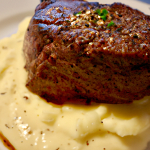 A succulent filet mignon steak topped with garlic butter and served with mashed potatoes