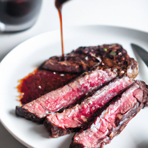 Sous vide steak drizzled with rich red wine reduction sauce